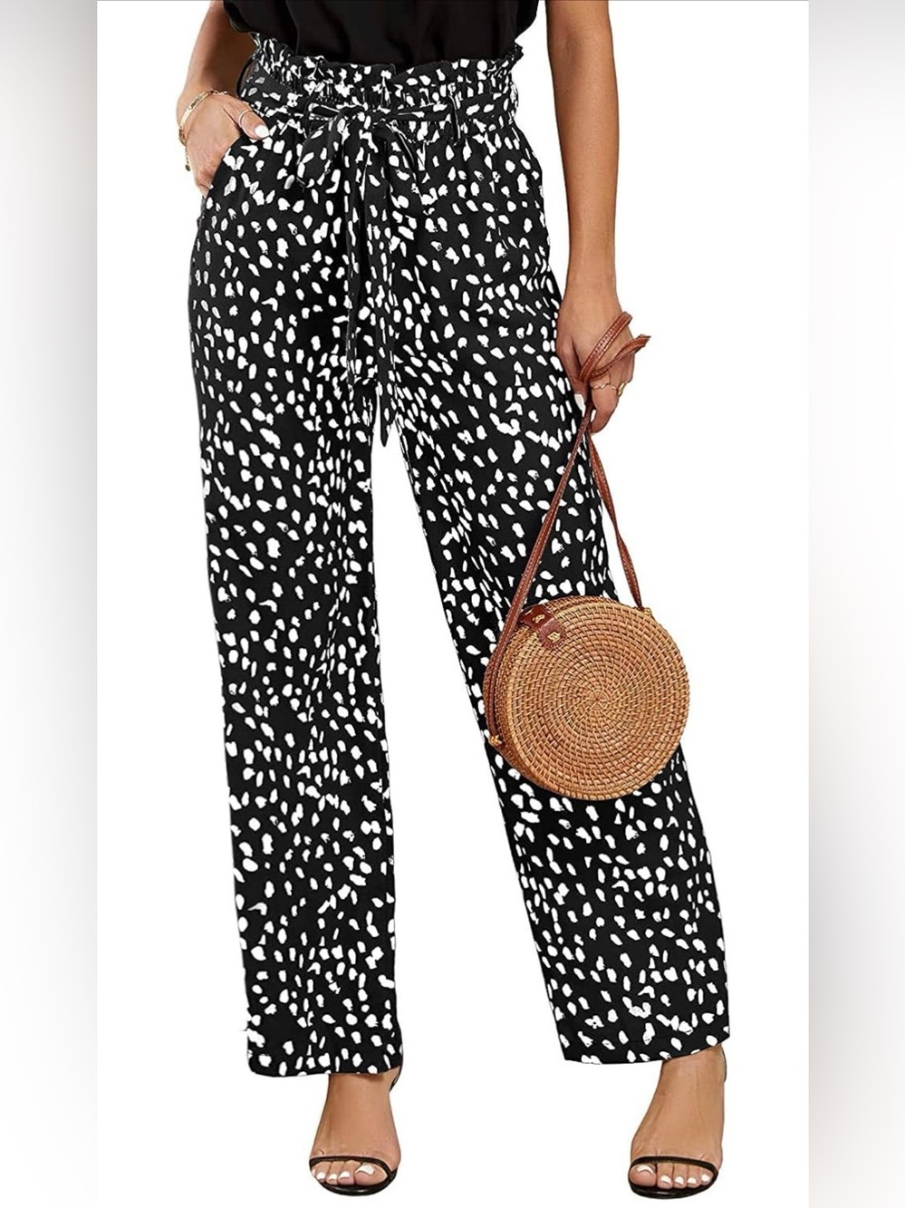 High-Waist Black & White Printed Wide-Leg Pants